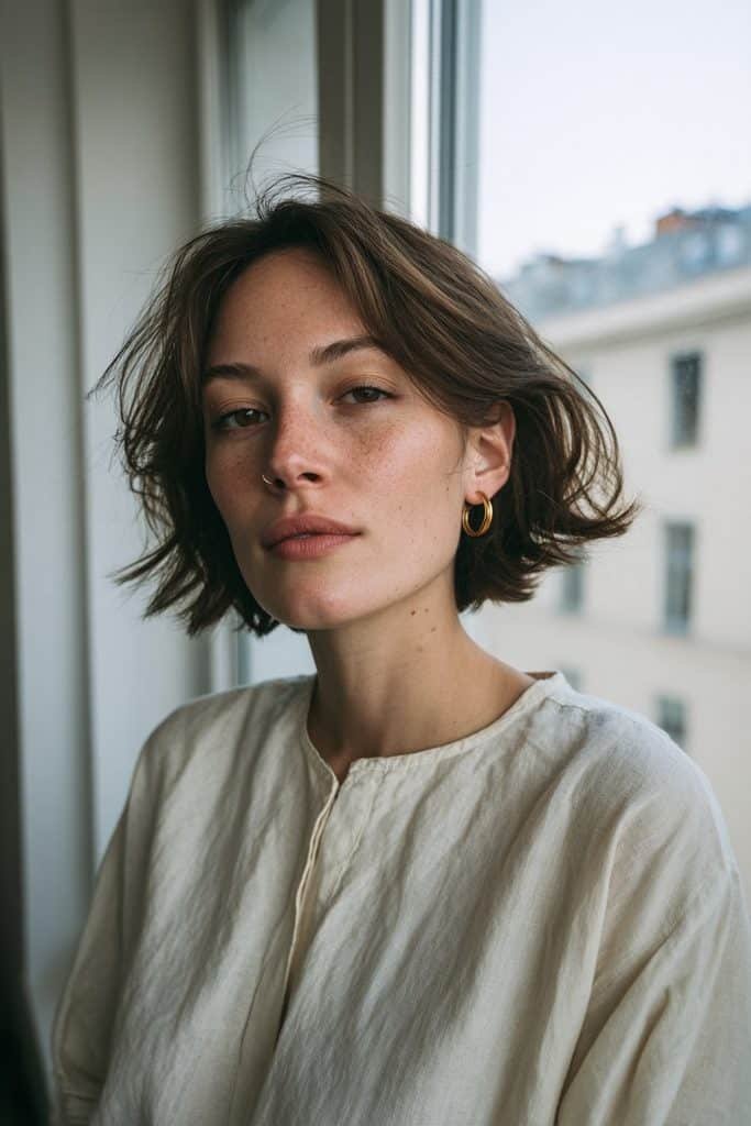 Classic jaw-length pixie bob with softly tapered layers