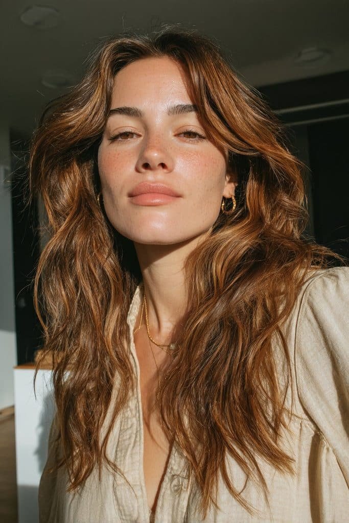 Toffee brown hair with delicate caramel ribbons and blended highlights