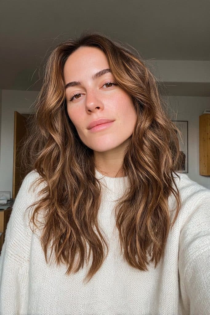 Toffee chai latte hair with warm caramel highlights