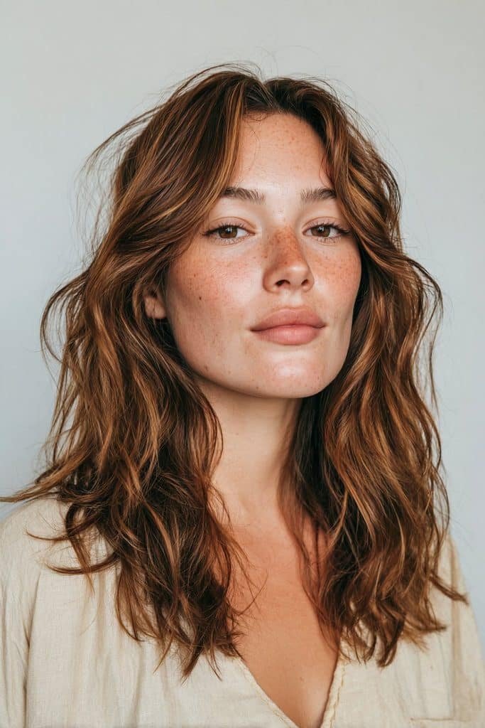Toffee brown hair with soft golden face-framing highlights