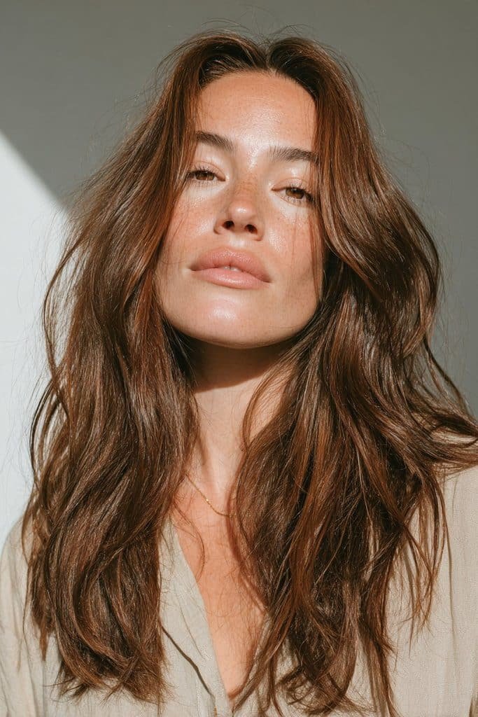 Glossy toffee hair with warm brown and subtle caramel reflections