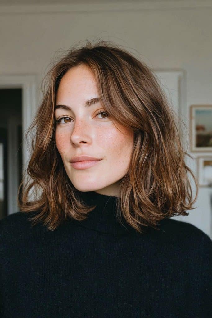 Toffee brown babylights blended through brunette hair for subtle dimension