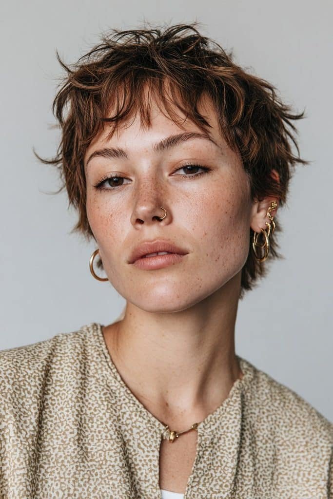 Choppy toffee pixie cut with caramel and creamy brown highlights