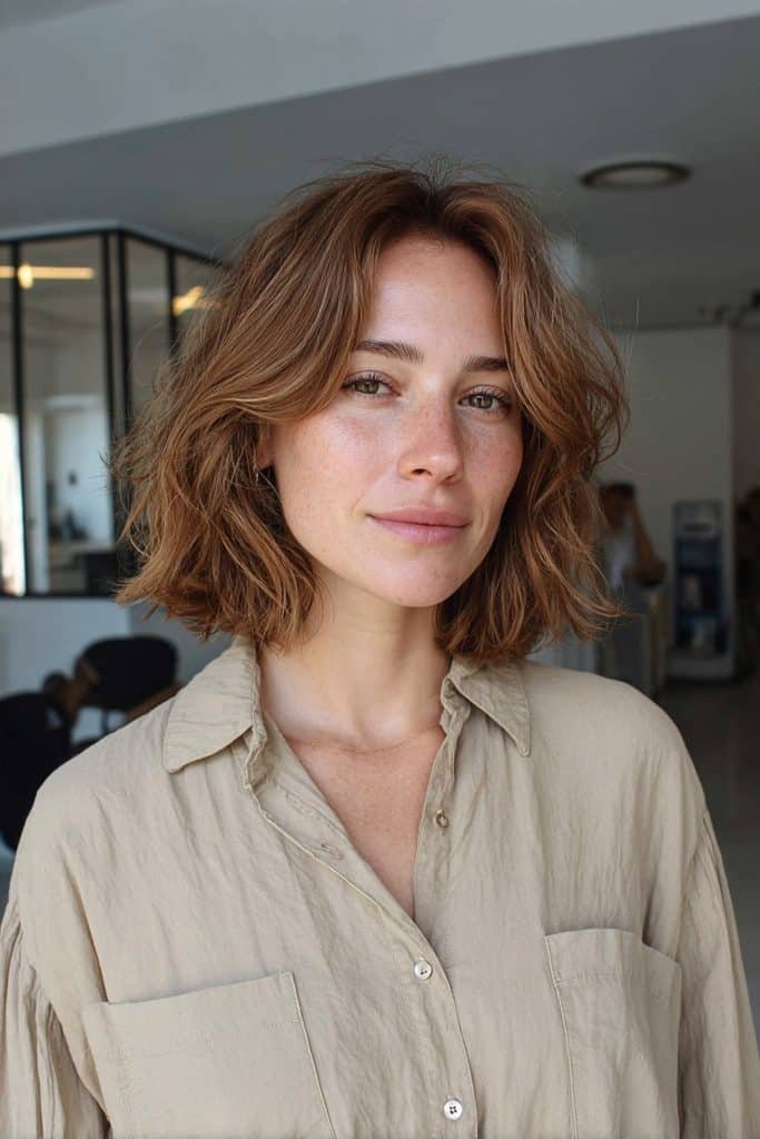 Layered toffee bob with warm brunette and honey-toffee ribbons