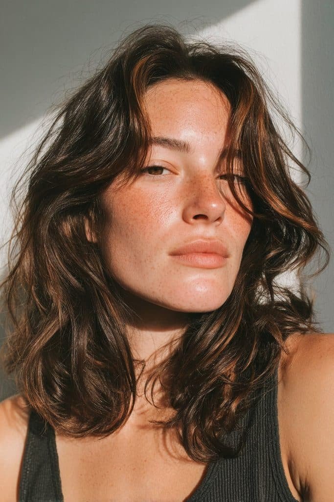 Dark brunette hair with subtle hidden toffee peekaboo highlights