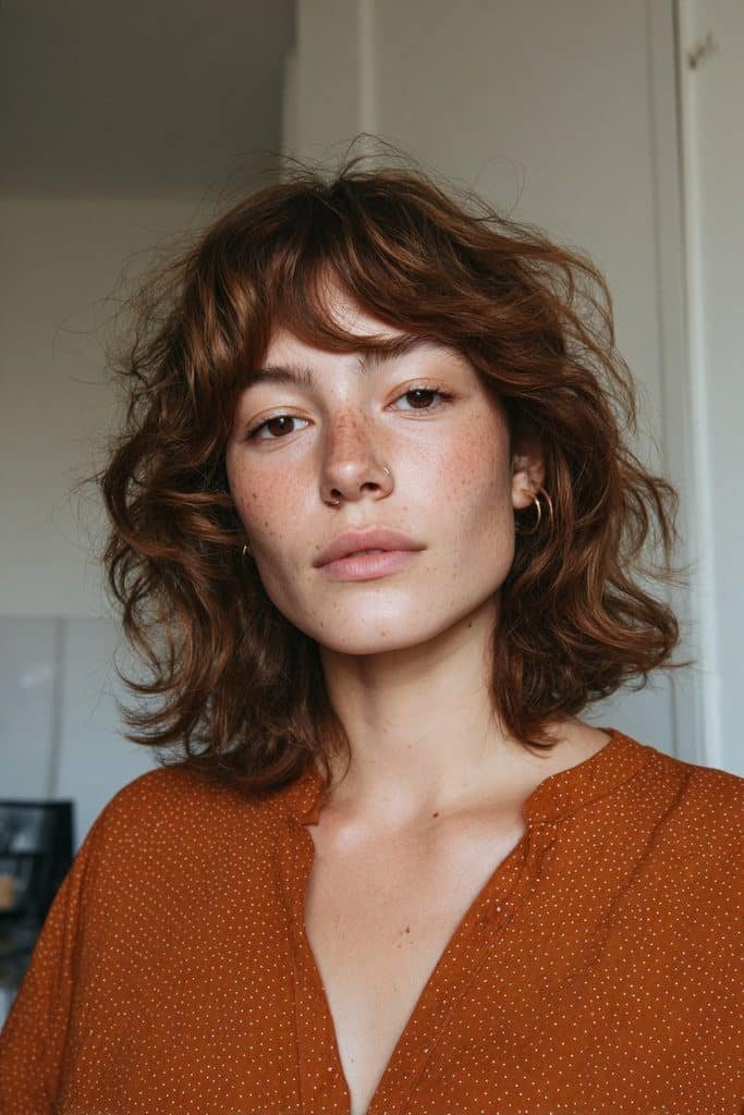 Toffee wolf cut with wispy bangs and dimensional caramel layers