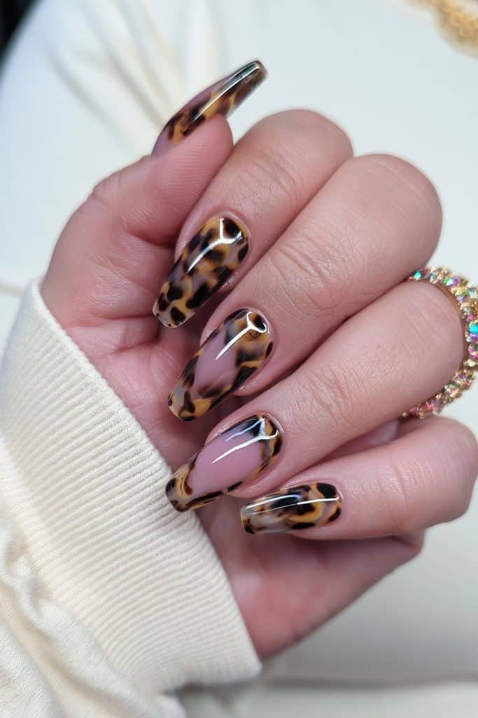 Glossy amber tortoiseshell almond press-on nails