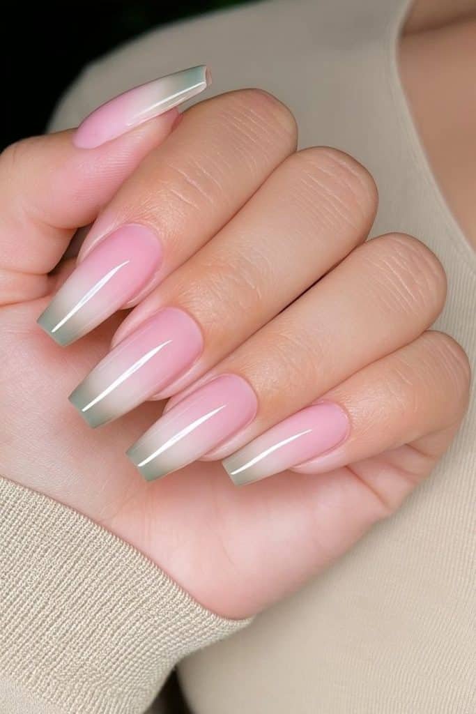 Teal and creamy nude coffin nails with gradient finish