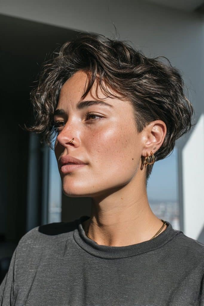 Modern undercut pixie bob with longer textured crown layers