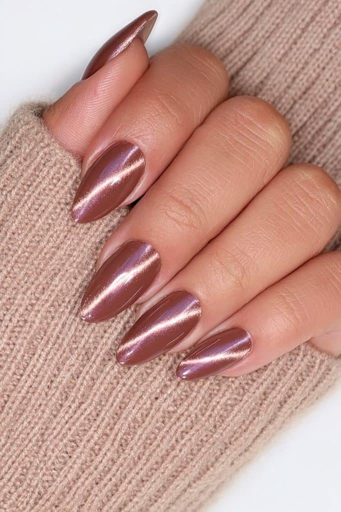 Deep cocoa brown velvet cat-eye nails