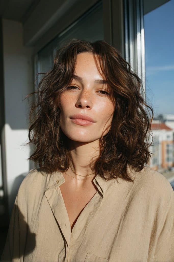 Medium-length warm chai latte hair with honey and cinnamon tones