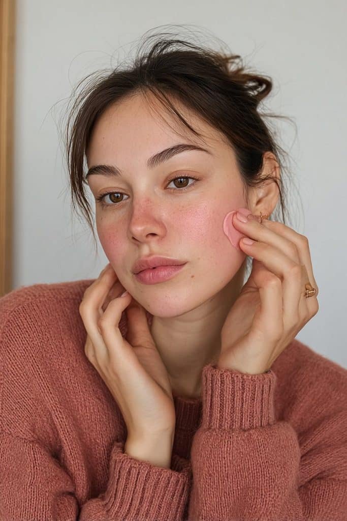 Young woman blending rosy cream blush onto her winter-flushed cheeks