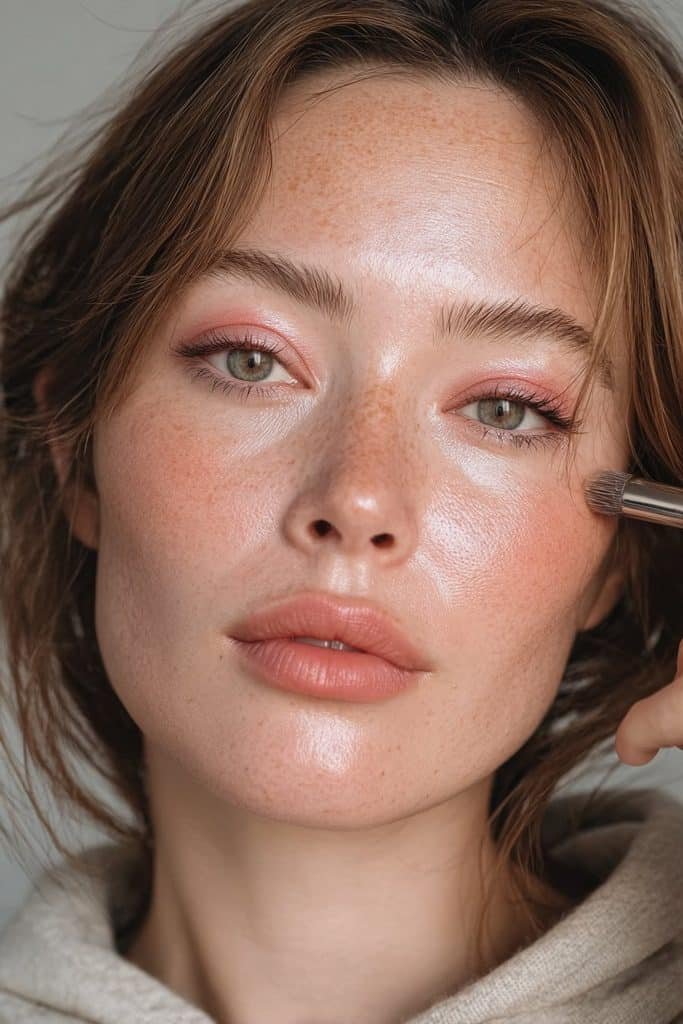 Young woman applying soft pink peach eyeshadow for a winter makeup look