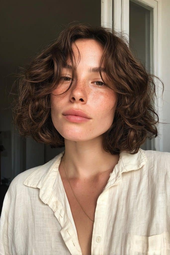 Wavy pixie bob with soft volume and textured jaw-length sides