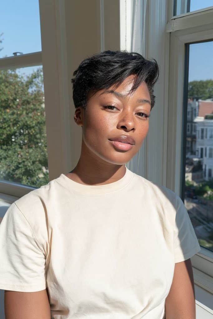 Asymmetrical pixie cut for Black women with one cropped side and longer sweeping strands across the forehead.
