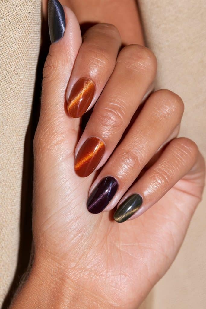 Autumn cat eye nails combining orange, burgundy, olive green, and plum shades.