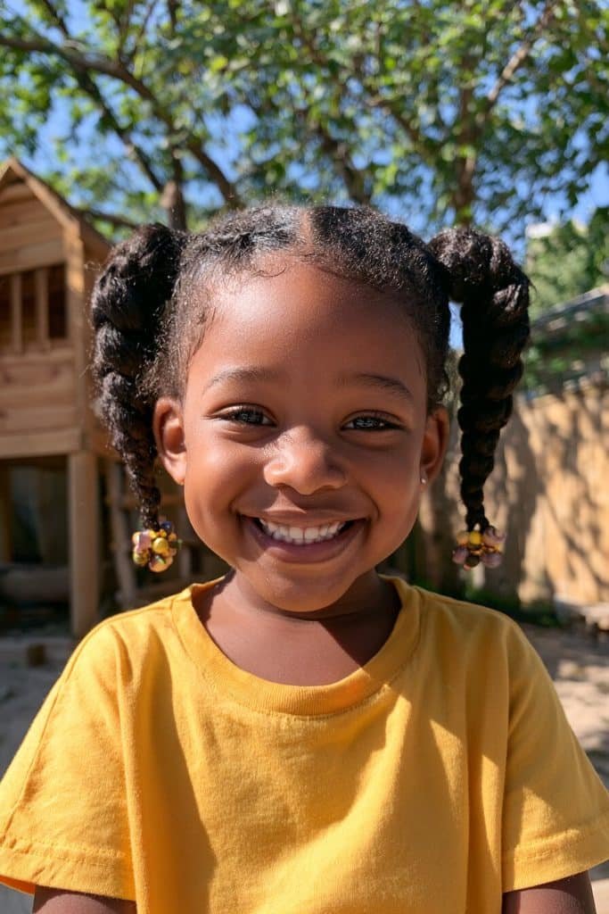 Kids braided pigtails with colorful beads, tidy scalp sections, and natural hair texture.