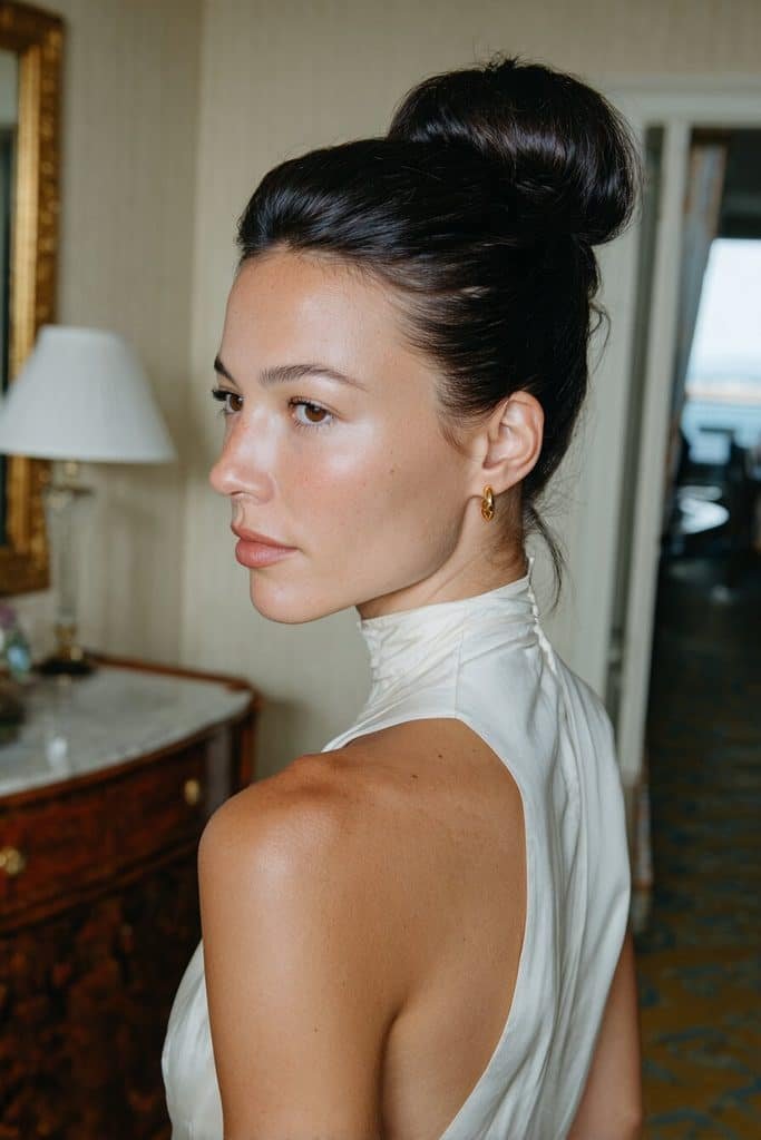 Elegant beehive bun with a high rounded crown, smooth dark-brown sides, and a neatly secured back bun