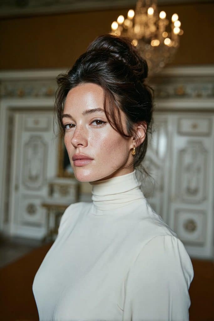 Elegant beehive updo with a high rounded crown, smooth sculpted sides, and neatly gathered dark-brown hair
