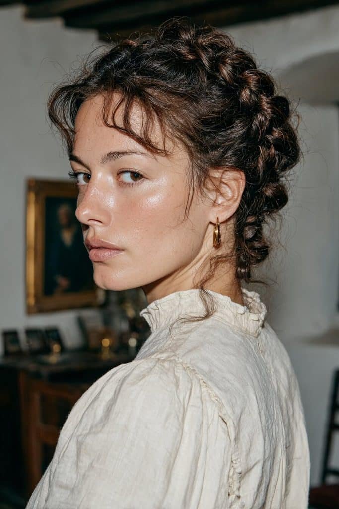 Intricate beehive hairstyle with a raised vintage crown, delicate side braids, and deep brunette hair