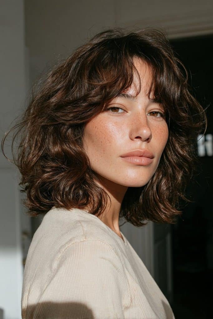 Modern retro beehive with soft crown volume, center-parted curtain bangs, and highlighted medium-brown hair