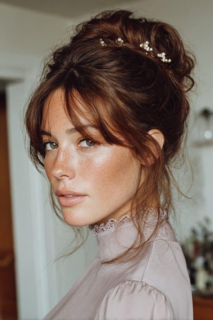 Elegant beehive hairstyle with a softly elevated chestnut crown, delicate pearl pins, and a vintage crystal comb