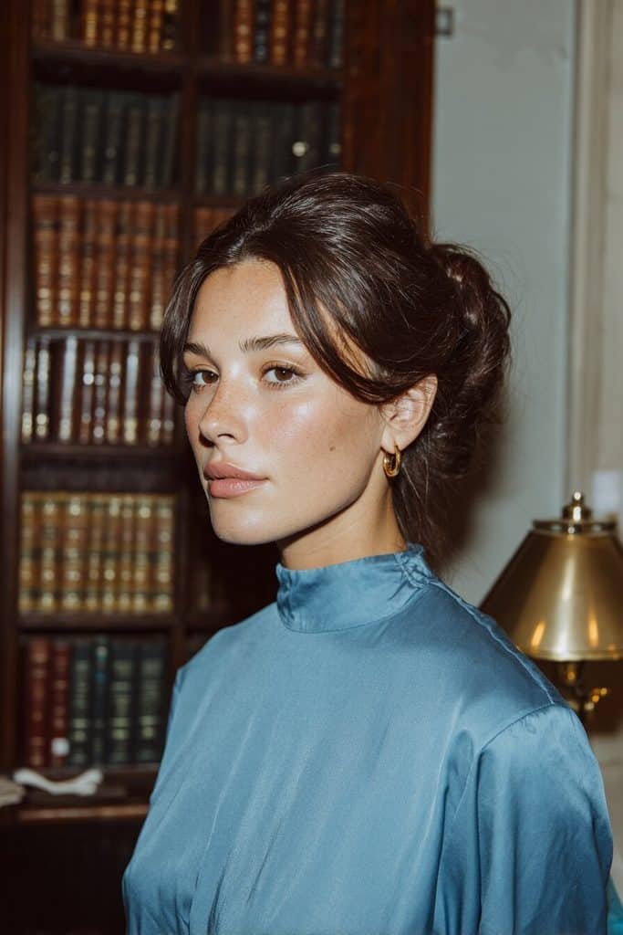 Beehive hairstyle with a lifted rounded crown, rich chocolate-brown hair, and elegant side-swept bangs