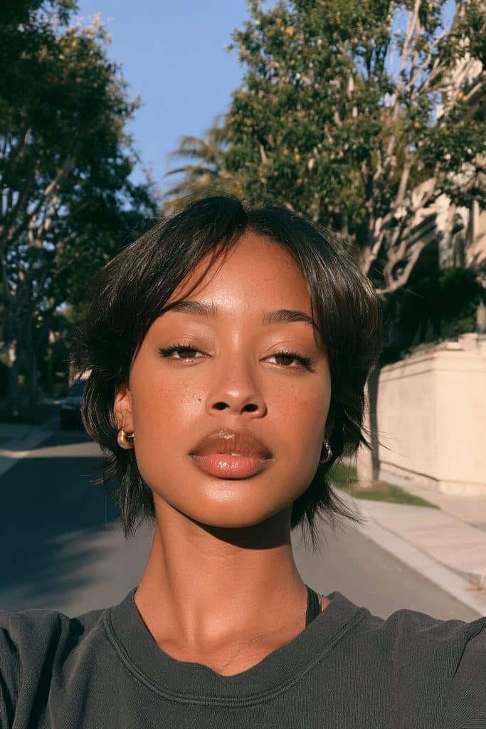 Bixie haircut for Black women combining a layered pixie crown, longer side sections, and wispy nape pieces.