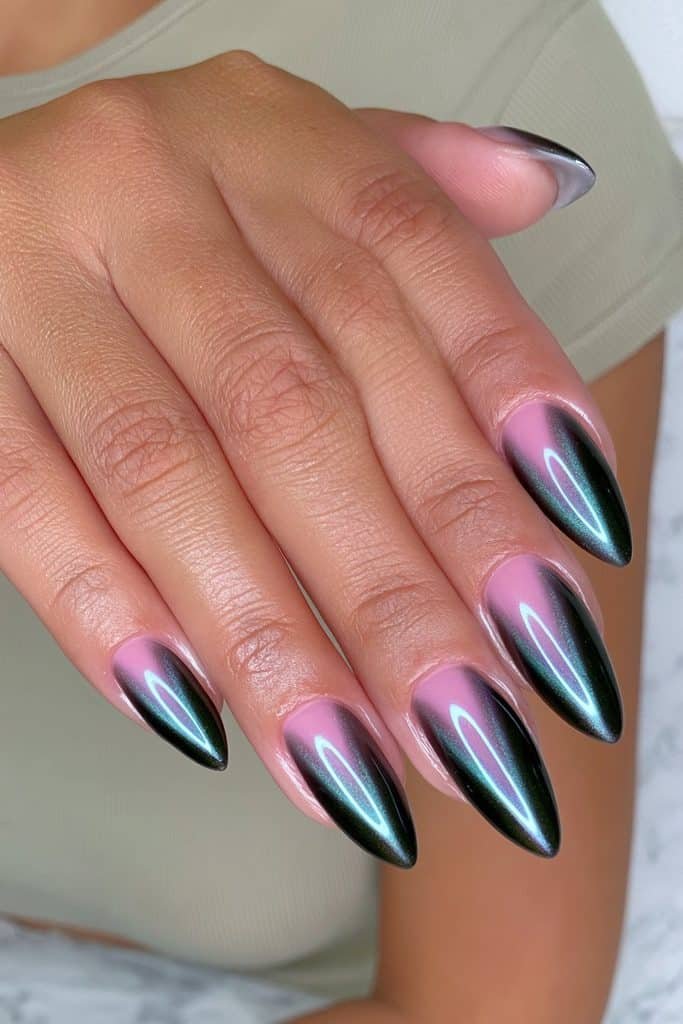 Blue-green chameleon cat eye nails shifting between deep emerald, teal, and petrol blue shimmer.