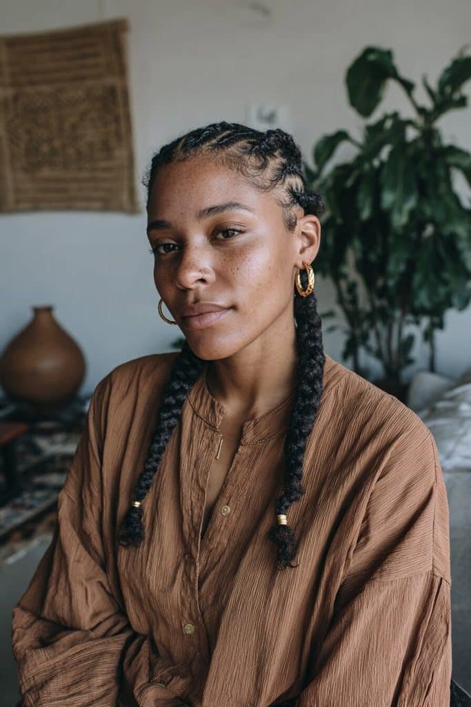 Boho Fulani knotless braids with central cornrows, delicate side braids, loose curls, and understated gold cuffs.