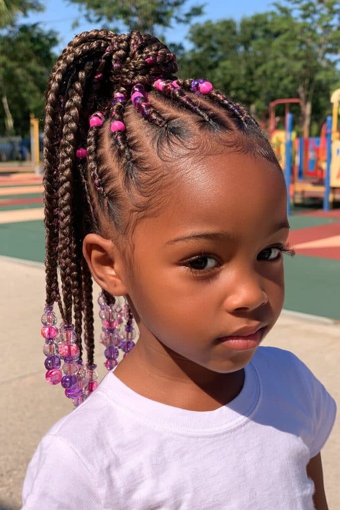 Kids braided ponytail with neat cornrows, gathered braids, and colorful pink, purple, and clear beads.