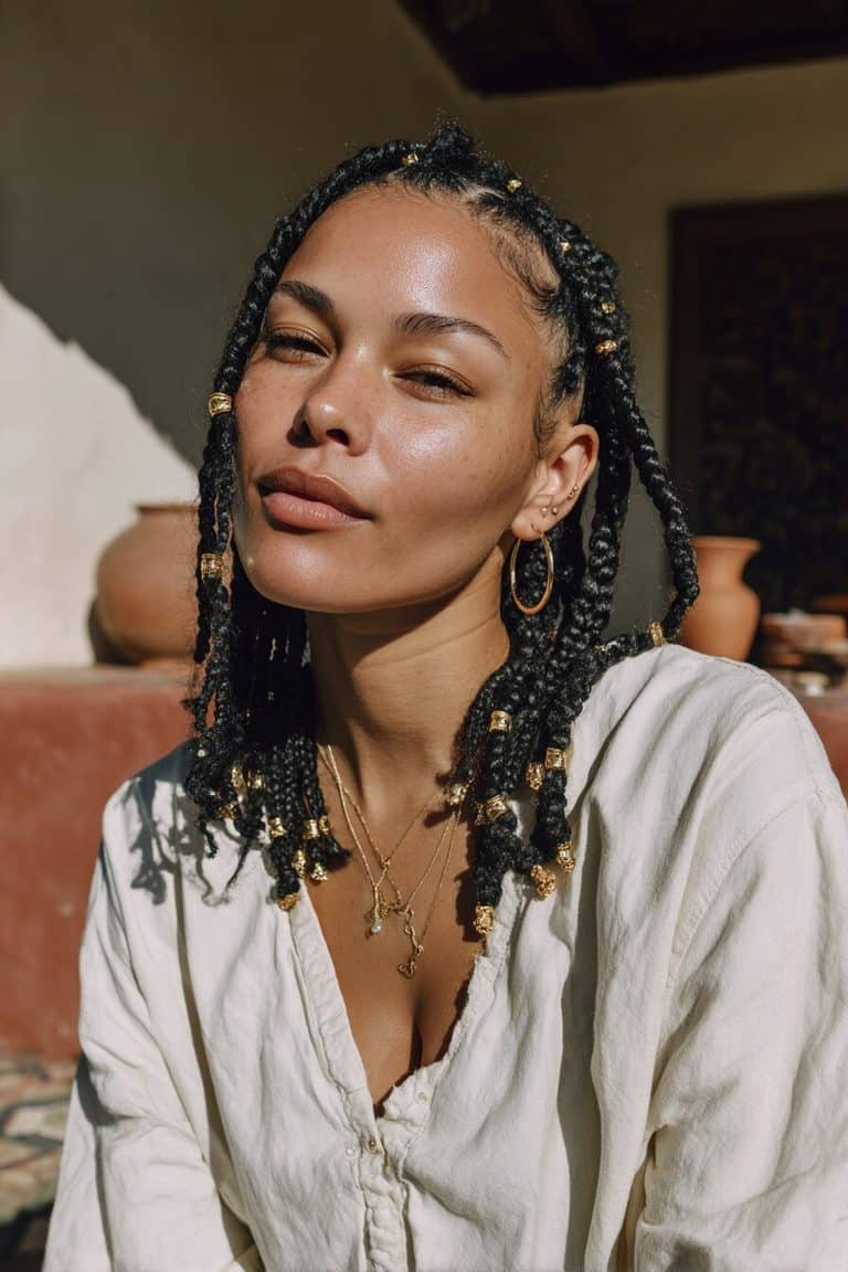 Medium boho knotless braids decorated with gold cuffs, warm-toned beads, and delicate loose curls.