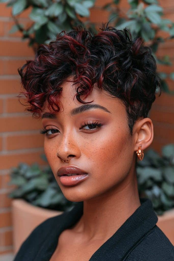 Textured pixie cut for Black women with rich burgundy highlights, a natural black base, and tapered sides.