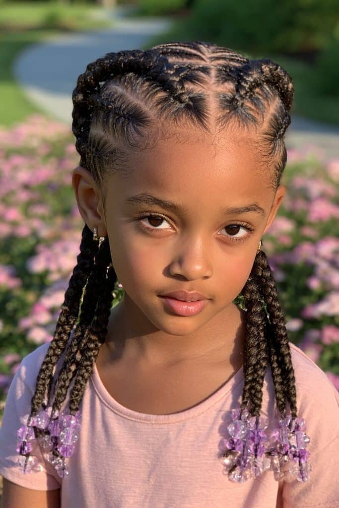 Kids butterfly braids with curved cornrow sections, side braids, and colorful lilac and clear beads.