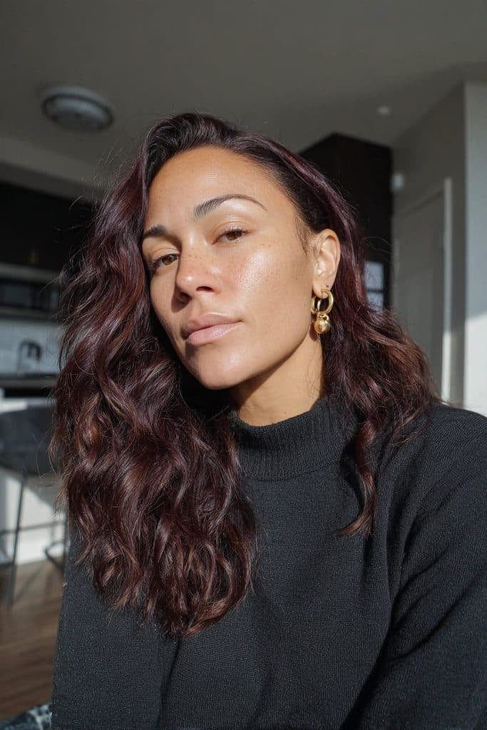 Cherry mulled wine hair with deep cherry-red, classic burgundy, and wine-brown undertones