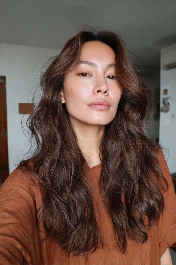 Chocolate maple brown hair with rich cocoa and warm maple highlights
