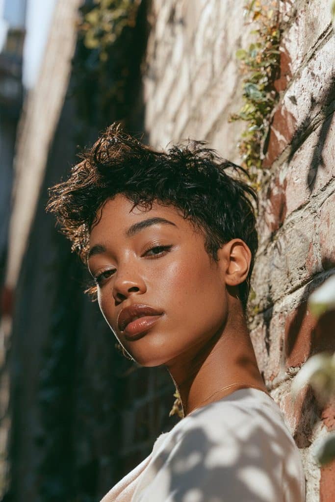 Choppy textured pixie cut for Black women with irregular short layers, piecey ends, and a tousled crown.