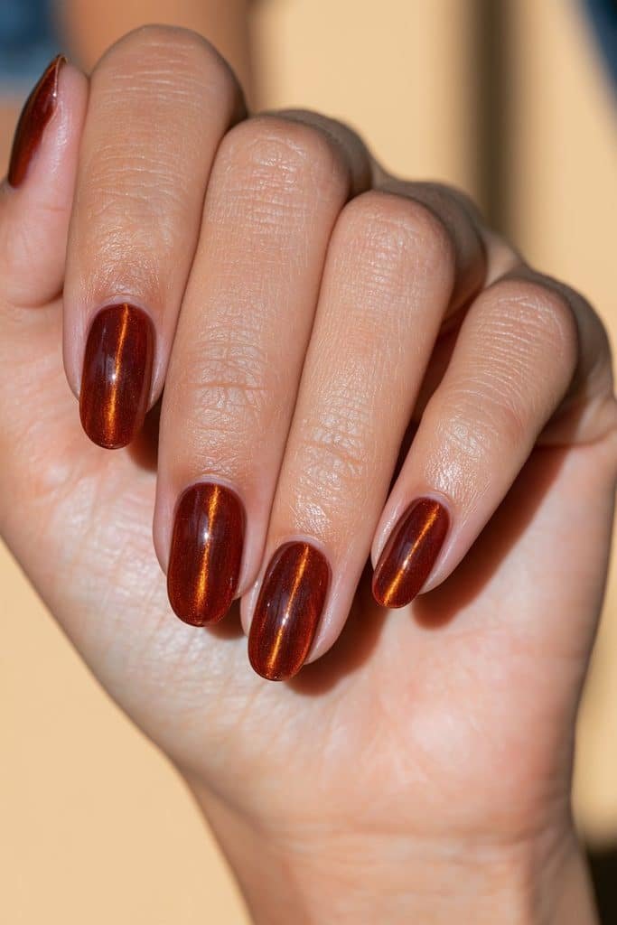 Burnt orange cat eye nails with a glowing magnetic shimmer streak down the center of each nail.