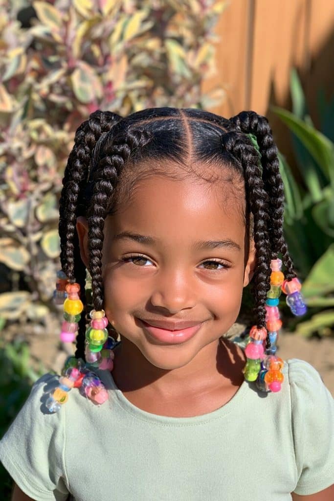 Classic kids box braids with colorful translucent beads, neat square parts, and medium-sized braids for a young Black girl.