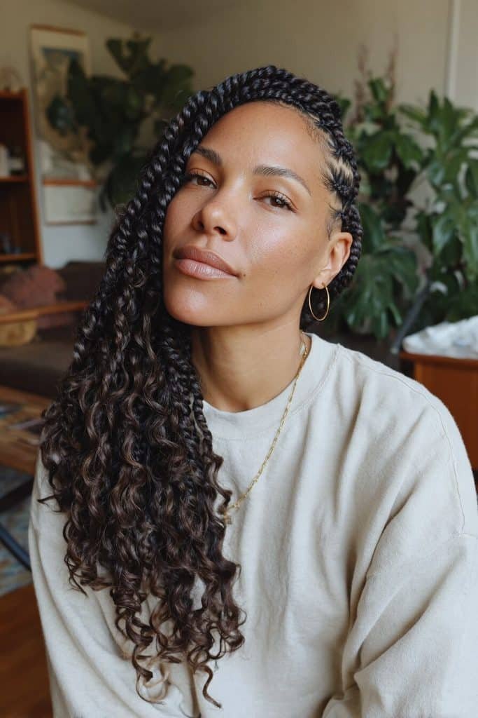 Classic medium boho knotless braids with neat roots, defined dark-brown plaits, and loose curly tendrils.