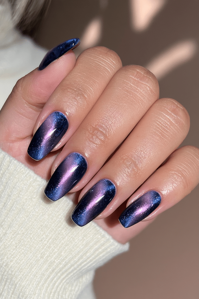 Classic midnight navy cat-eye nails with luminous sapphire-blue bands and a glossy velvet shimmer