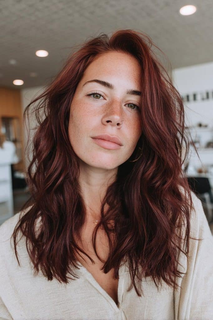 Classic mulled wine hair with deep burgundy, muted red-wine, and dark berry tones