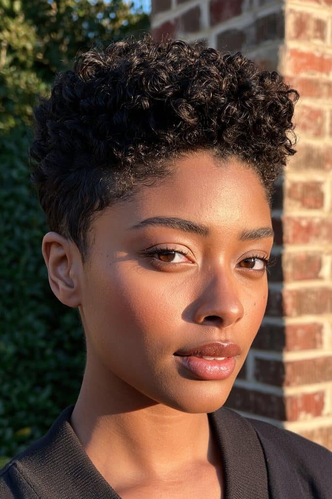 Classic tapered pixie cut for Black women with neatly tapered sides, a softly textured crown, and natural black curls.