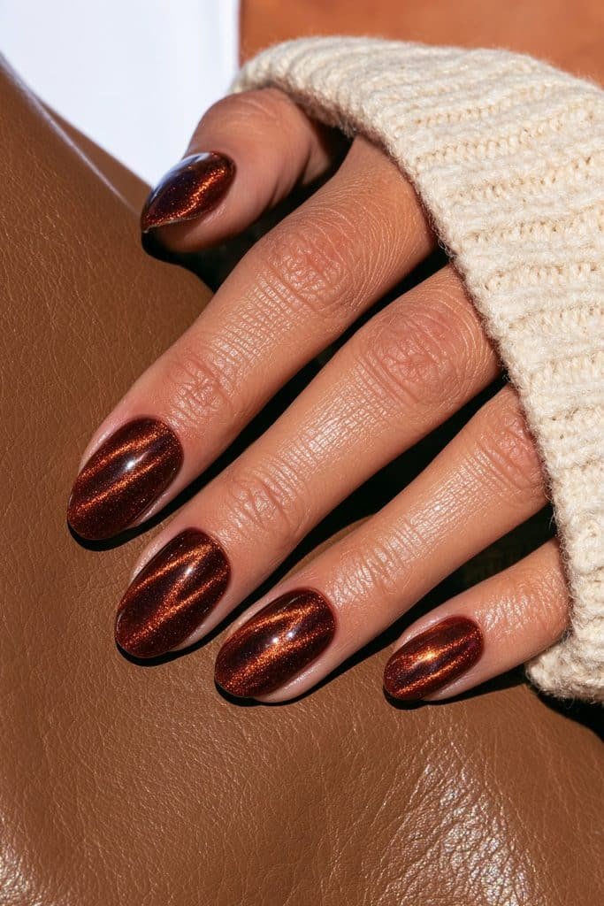 Copper-orange cat eye nails with metallic shimmer that catches the light.