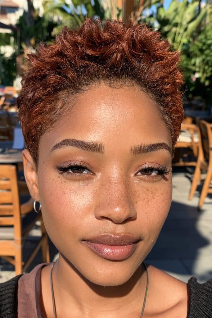 Copper pixie cut for Black women with warm auburn tones, short textured layers, and a softly lifted crown.