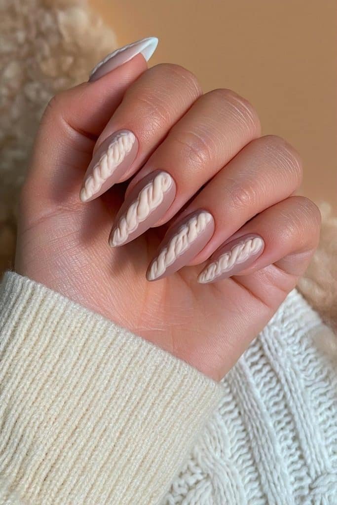 Cozy cable-knit ski nails with raised braided sweater textures in white, ivory, and oatmeal