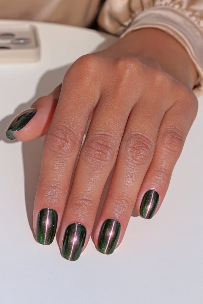 Short oval dark green cat eye press-on nails with glossy emerald magnetic shimmer and a polished salon finish.