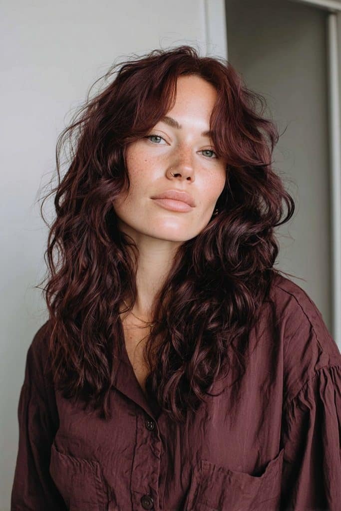Deep burgundy mulled wine hair with saturated wine-red tones and a nearly black base
