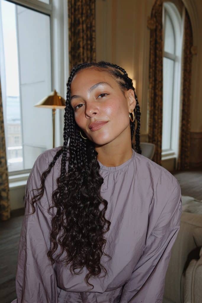 Deep side-part boho knotless braids with dark-brown plaits swept to one side and face-framing curls.