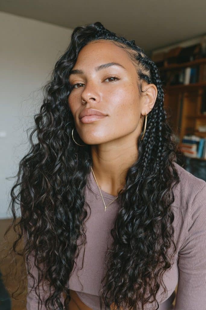Water wave boho knotless braids with neat roots, medium plaits, and flowing S-shaped curls.